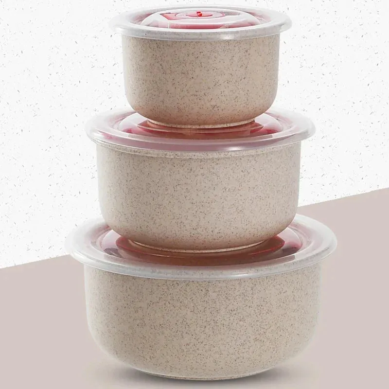 3 Piece Wheat Straw Fresh Keeping Bowl Set With Lid Microwaveable & Bpa Free