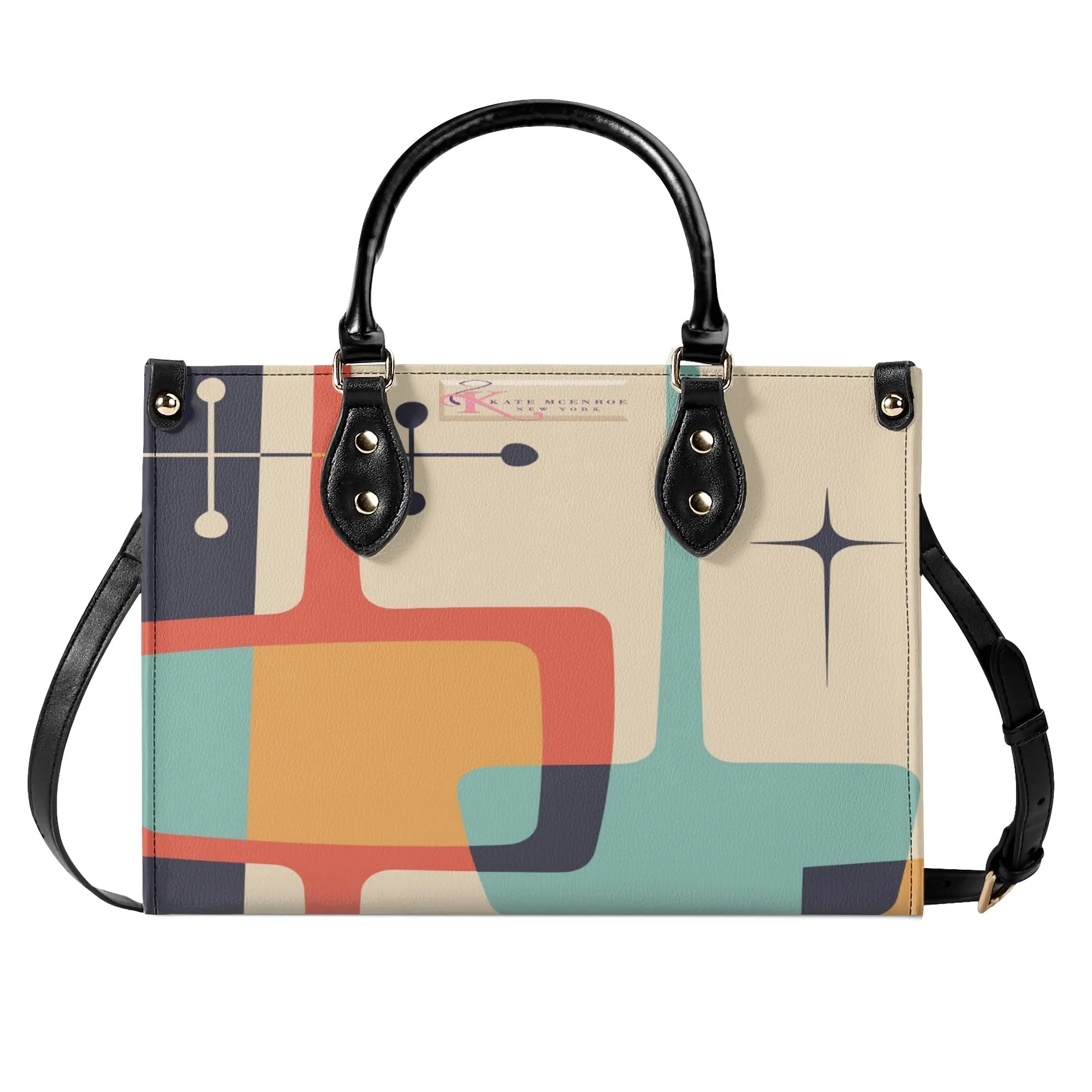 Atomic Age Mid Century Modern Handbag, Retro 50s Geometric Purse, MCM Cream Teal Mustard Orange Tote Bag