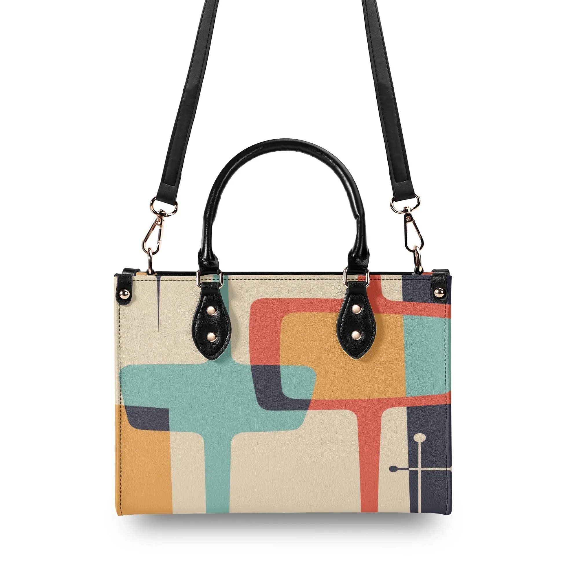 Atomic Age Mid Century Modern Handbag, Retro 50s Geometric Purse, MCM Cream Teal Mustard Orange Tote Bag