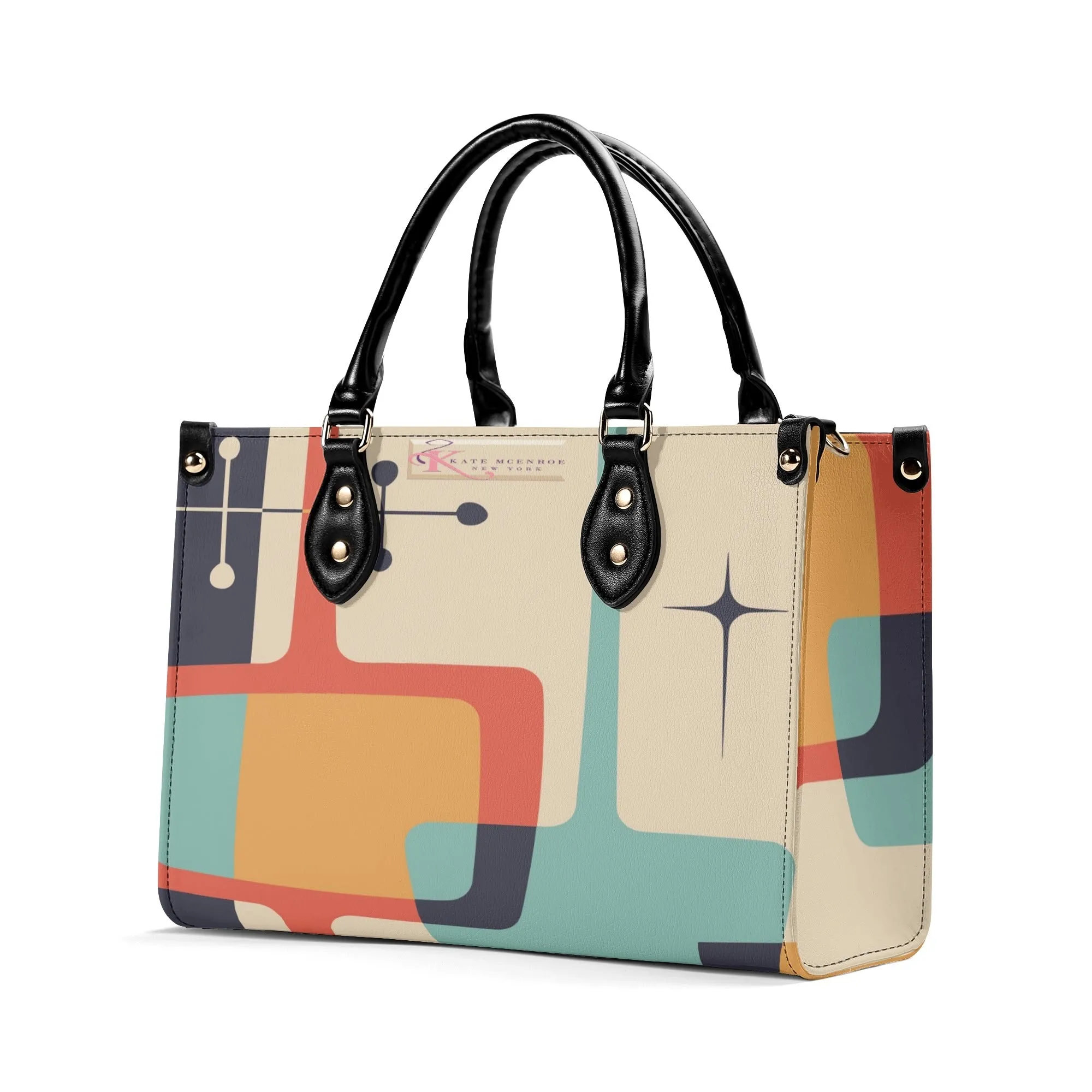 Atomic Age Mid Century Modern Handbag, Retro 50s Geometric Purse, MCM Cream Teal Mustard Orange Tote Bag