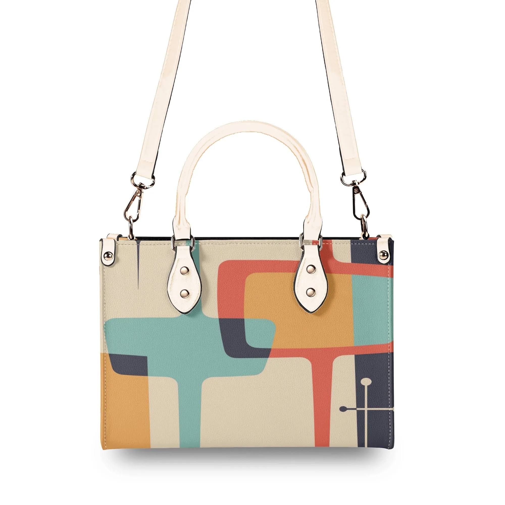 Atomic Age Mid Century Modern Handbag, Retro 50s Geometric Purse, MCM Cream Teal Mustard Orange Tote Bag