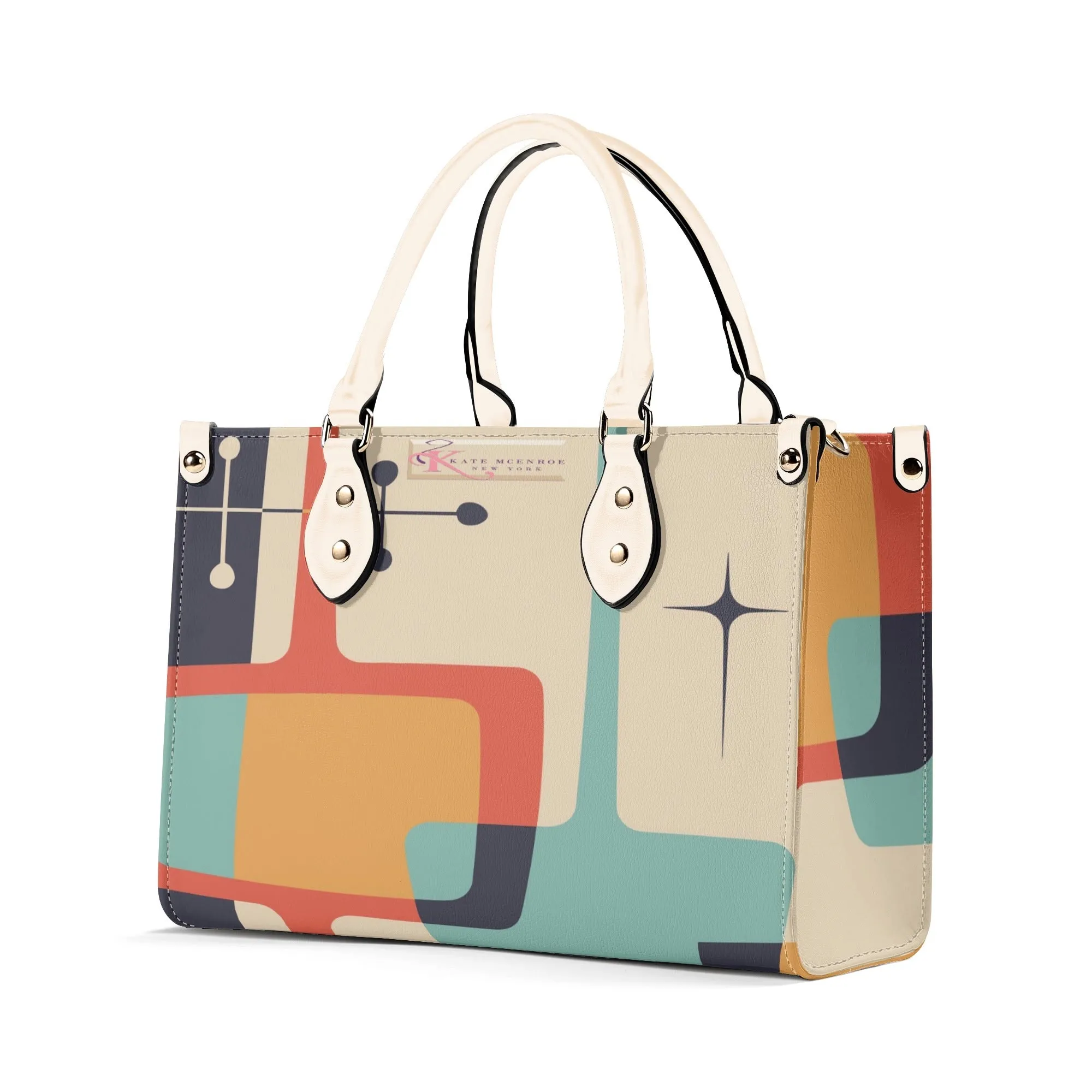 Atomic Age Mid Century Modern Handbag, Retro 50s Geometric Purse, MCM Cream Teal Mustard Orange Tote Bag