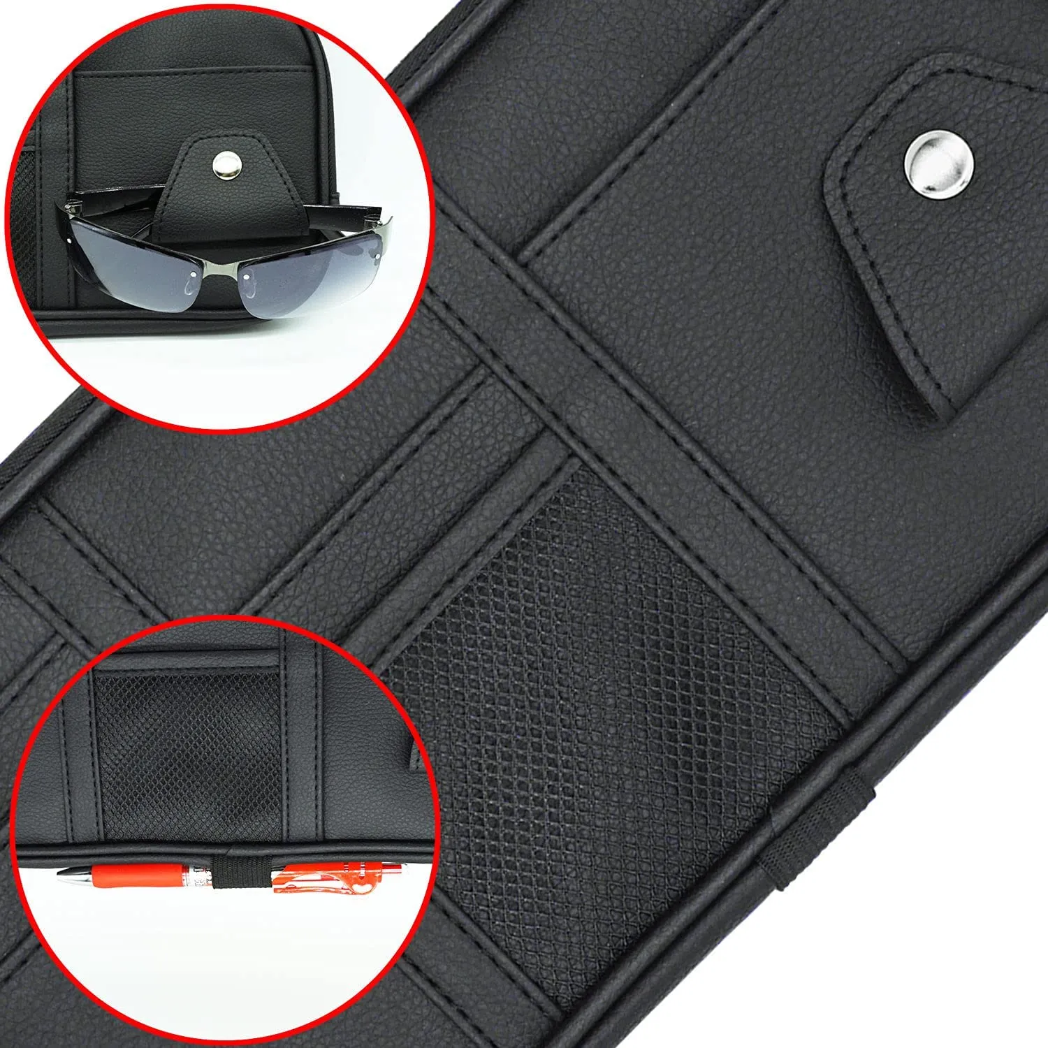 Car Sun Visor Organier Truck SUV Sun Visor Storage Pocket PU Leather Pouch Holder with Multi-Pocket Double Zipper Net Pocket, for Cards Pens Sunglasses Document Newest, Universal Fit for All Cars, Car Accessories