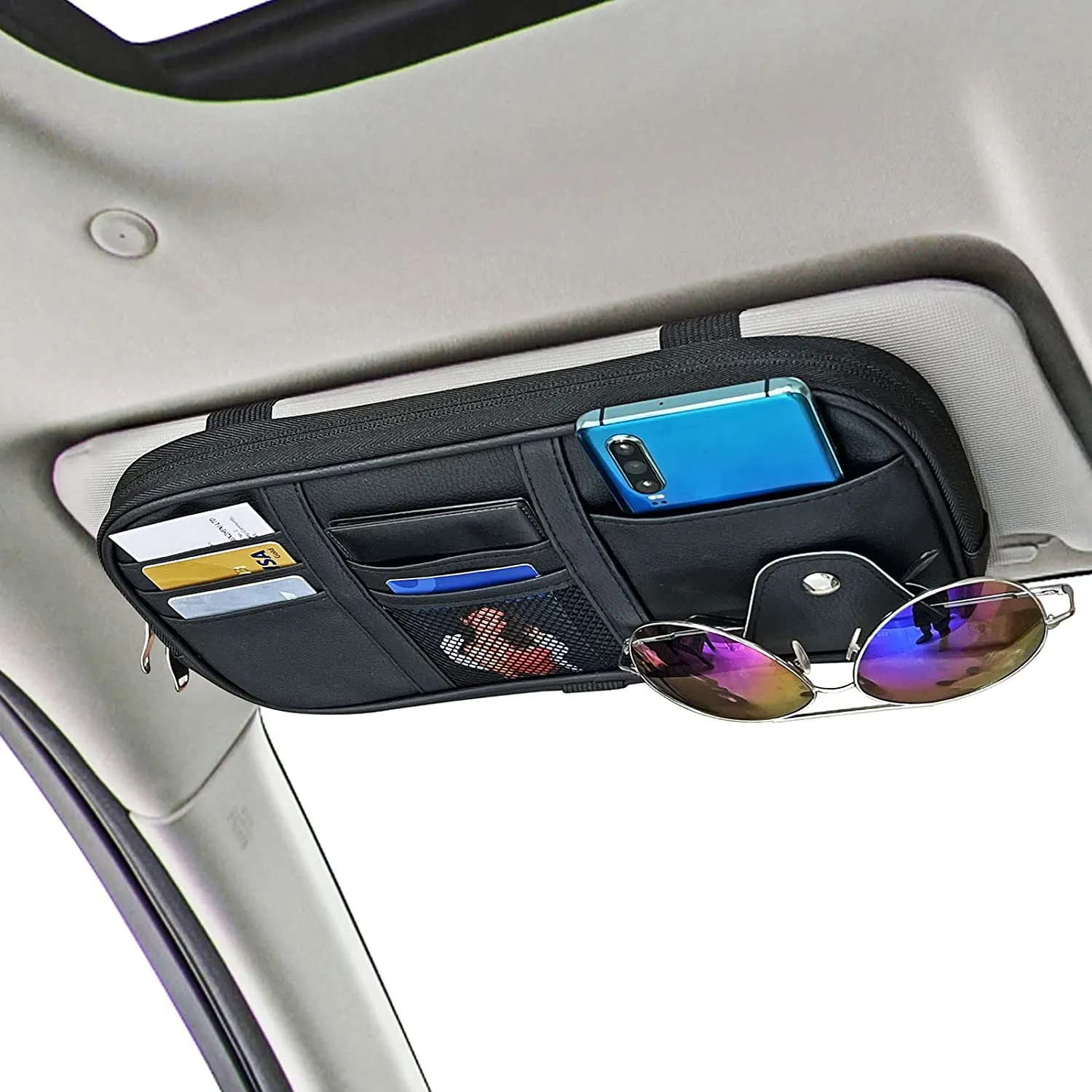 Car Sun Visor Organier Truck SUV Sun Visor Storage Pocket PU Leather Pouch Holder with Multi-Pocket Double Zipper Net Pocket, for Cards Pens Sunglasses Document Newest, Universal Fit for All Cars, Car Accessories