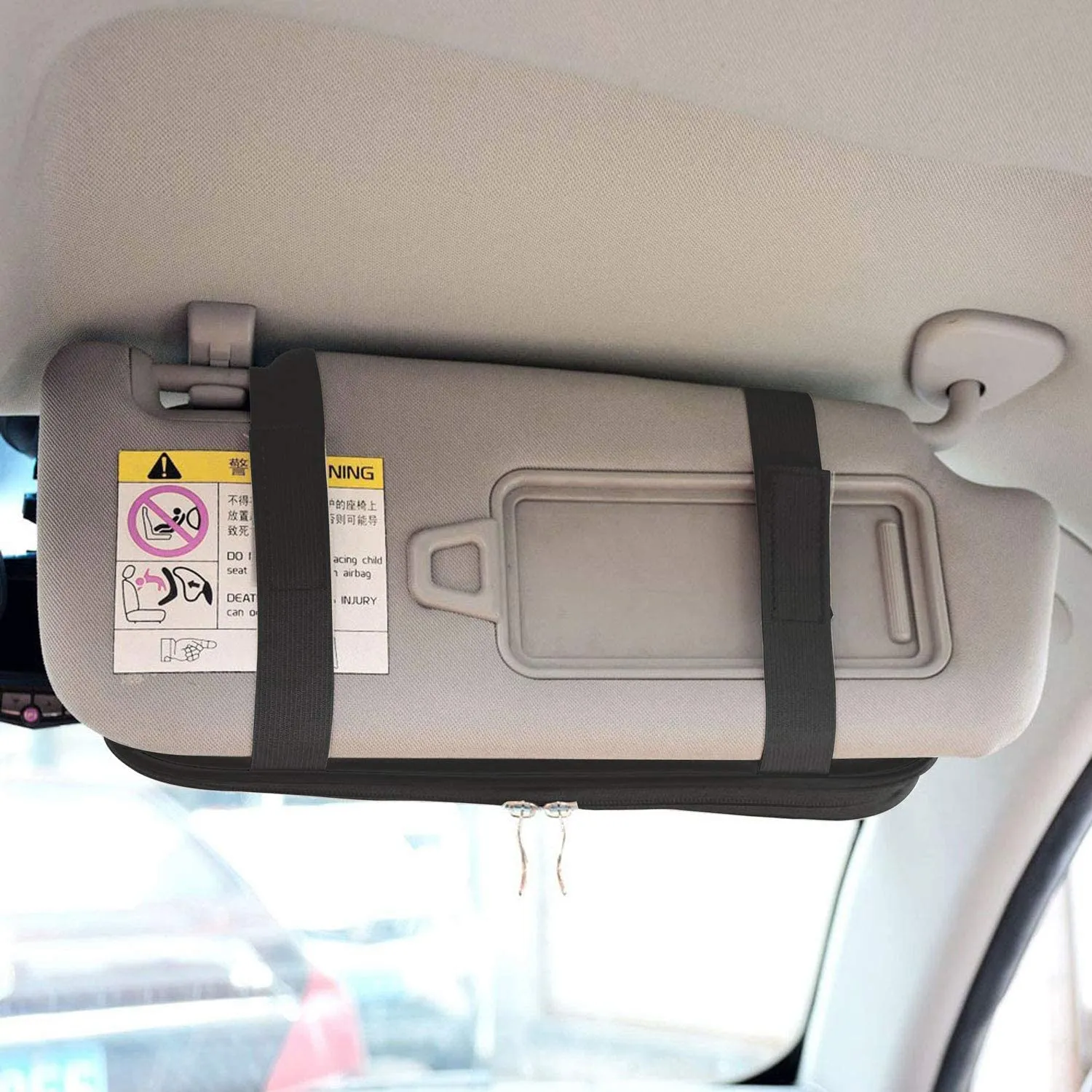 Car Sun Visor Organier Truck SUV Sun Visor Storage Pocket PU Leather Pouch Holder with Multi-Pocket Double Zipper Net Pocket, for Cards Pens Sunglasses Document Newest, Universal Fit for All Cars, Car Accessories