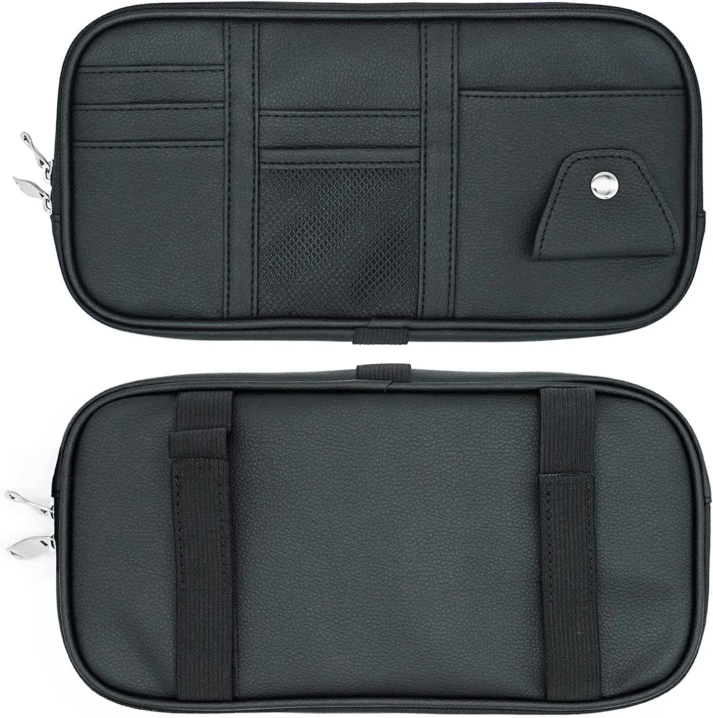 Car Sun Visor Organier Truck SUV Sun Visor Storage Pocket PU Leather Pouch Holder with Multi-Pocket Double Zipper Net Pocket, for Cards Pens Sunglasses Document Newest, Universal Fit for All Cars, Car Accessories