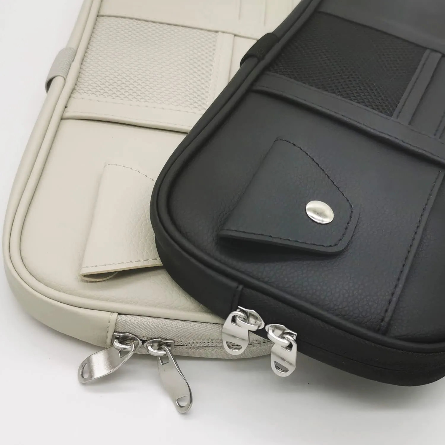 Car Sun Visor Organier Truck SUV Sun Visor Storage Pocket PU Leather Pouch Holder with Multi-Pocket Double Zipper Net Pocket, for Cards Pens Sunglasses Document Newest, Universal Fit for All Cars, Car Accessories