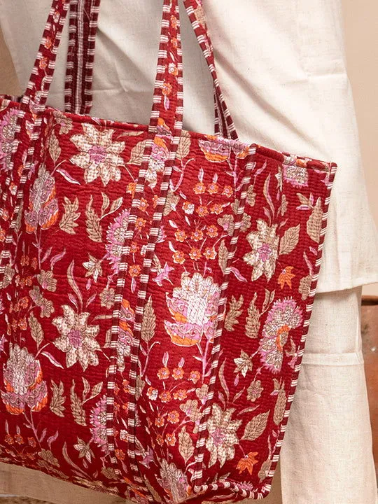 Crimson Garden Printed Quilted  Tote Bag with Inner Pocket