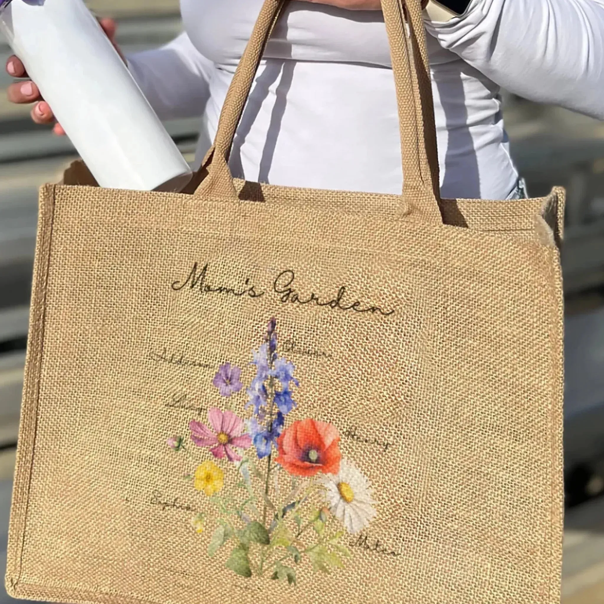 Custom Birth Month Flower Bouquet Jute Tote Bag