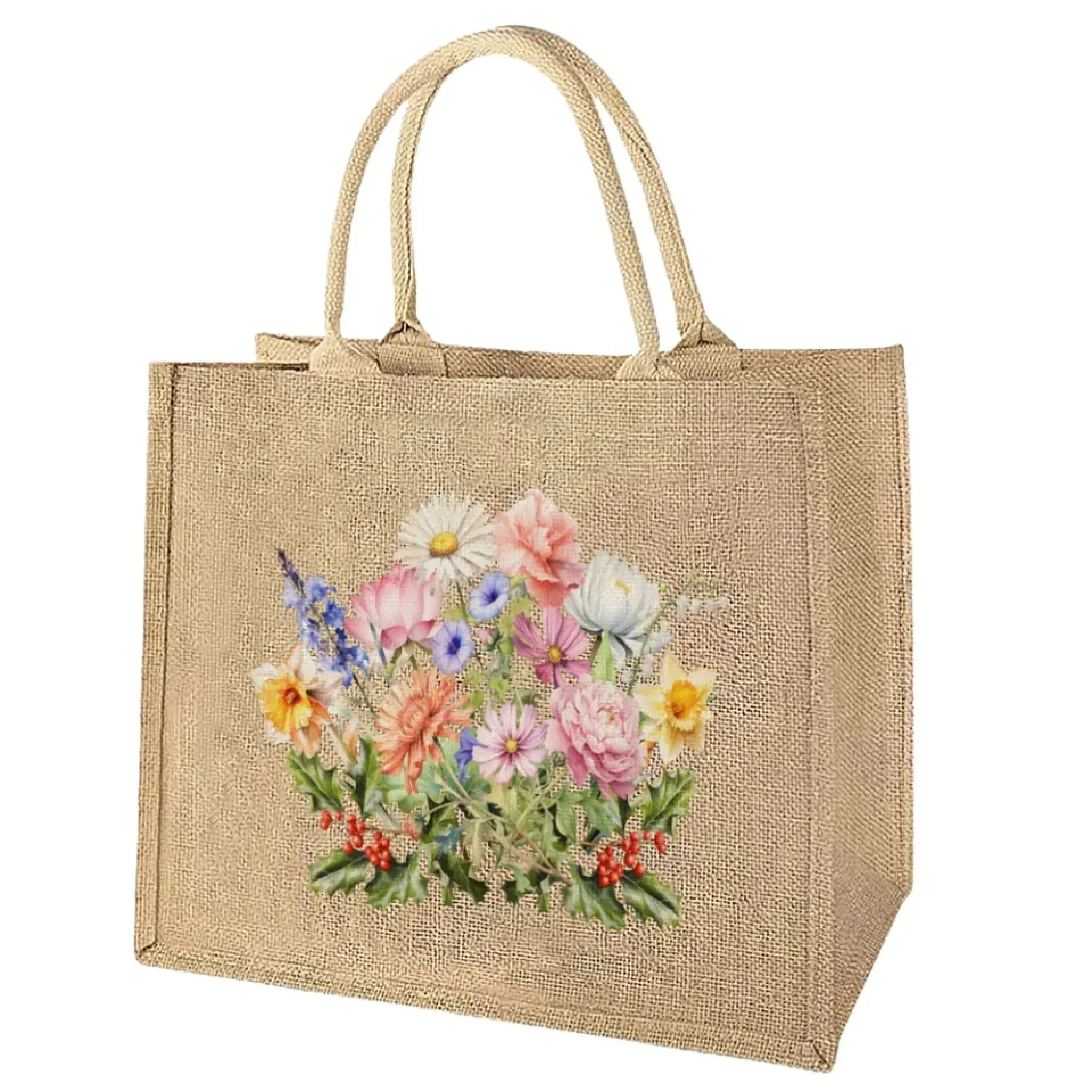 Custom Birth Month Flower Bouquet Jute Tote Bag