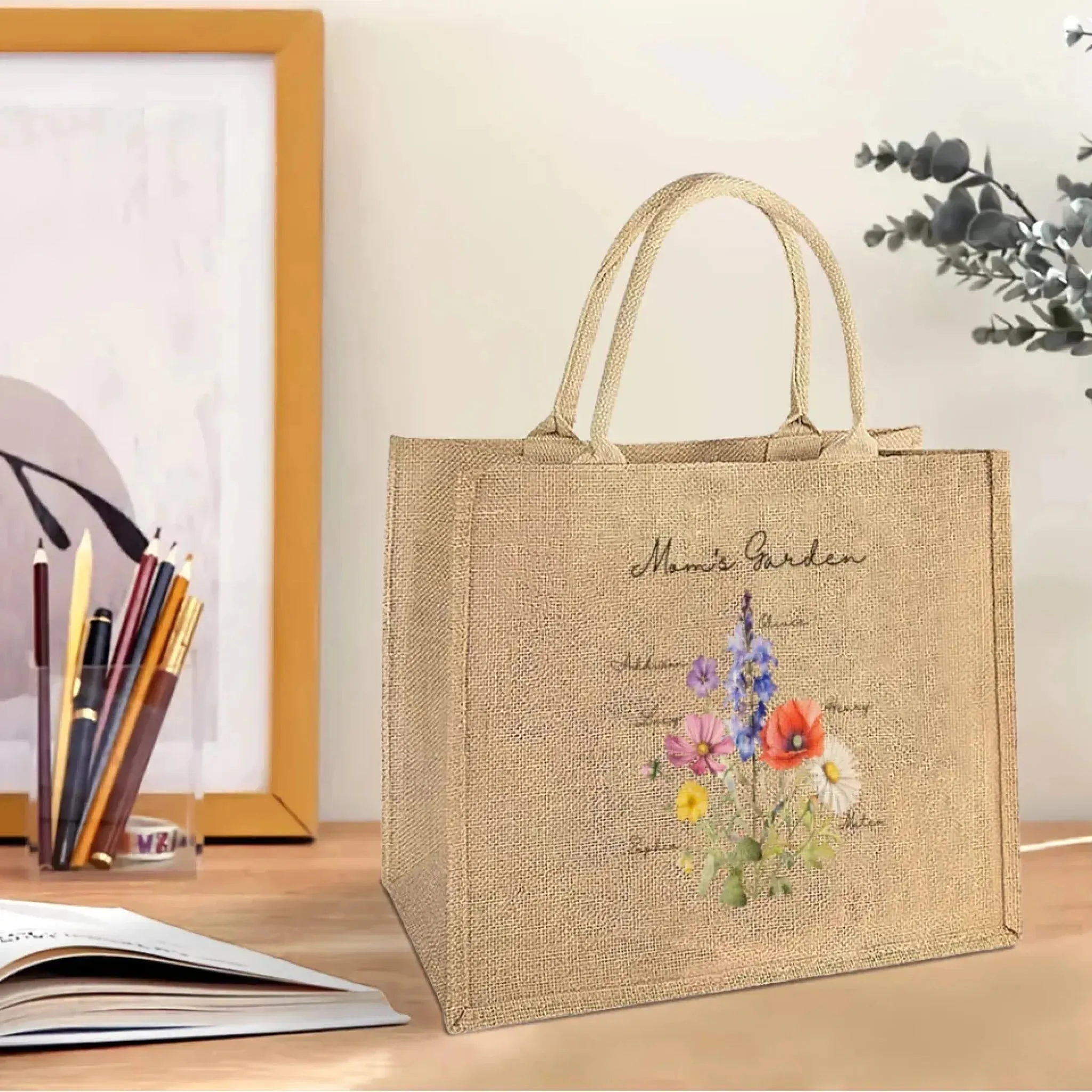 Custom Birth Month Flower Bouquet Jute Tote Bag