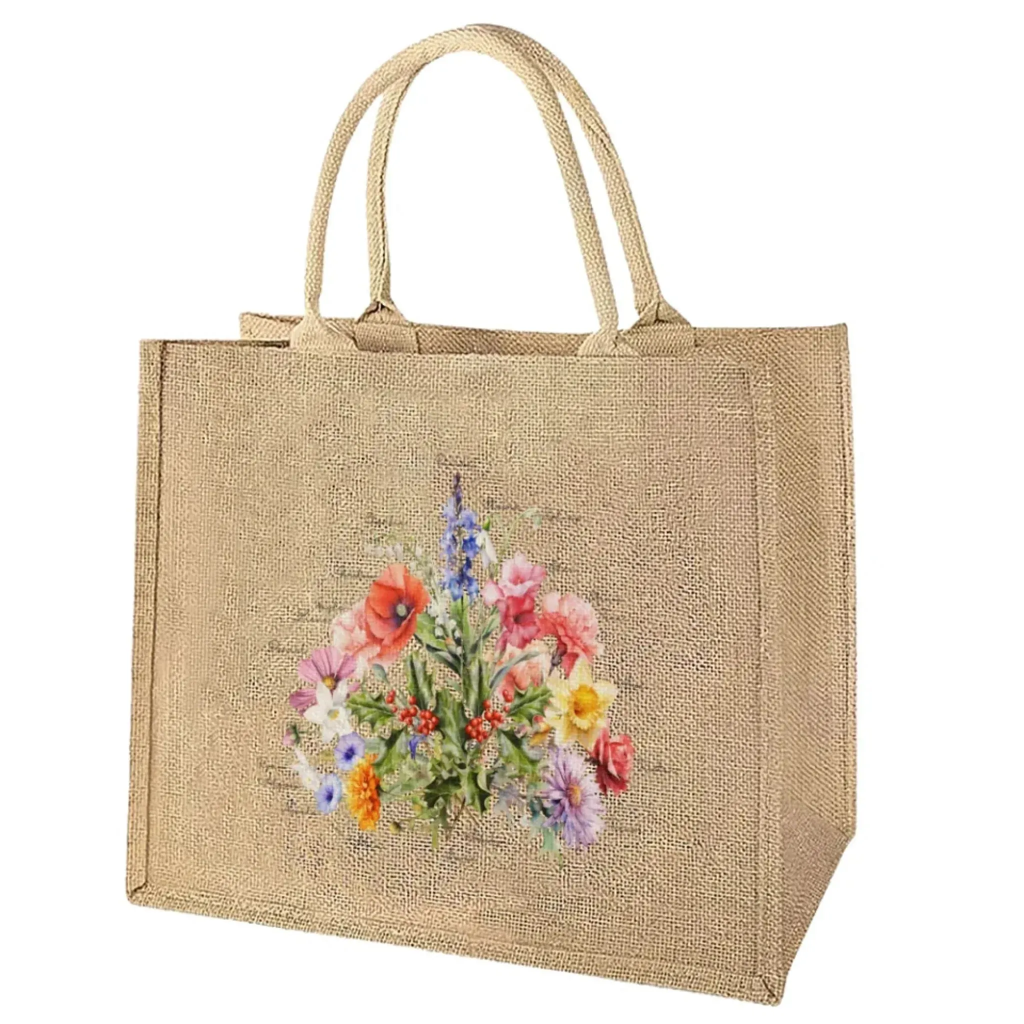 Custom Birth Month Flower Bouquet Jute Tote Bag