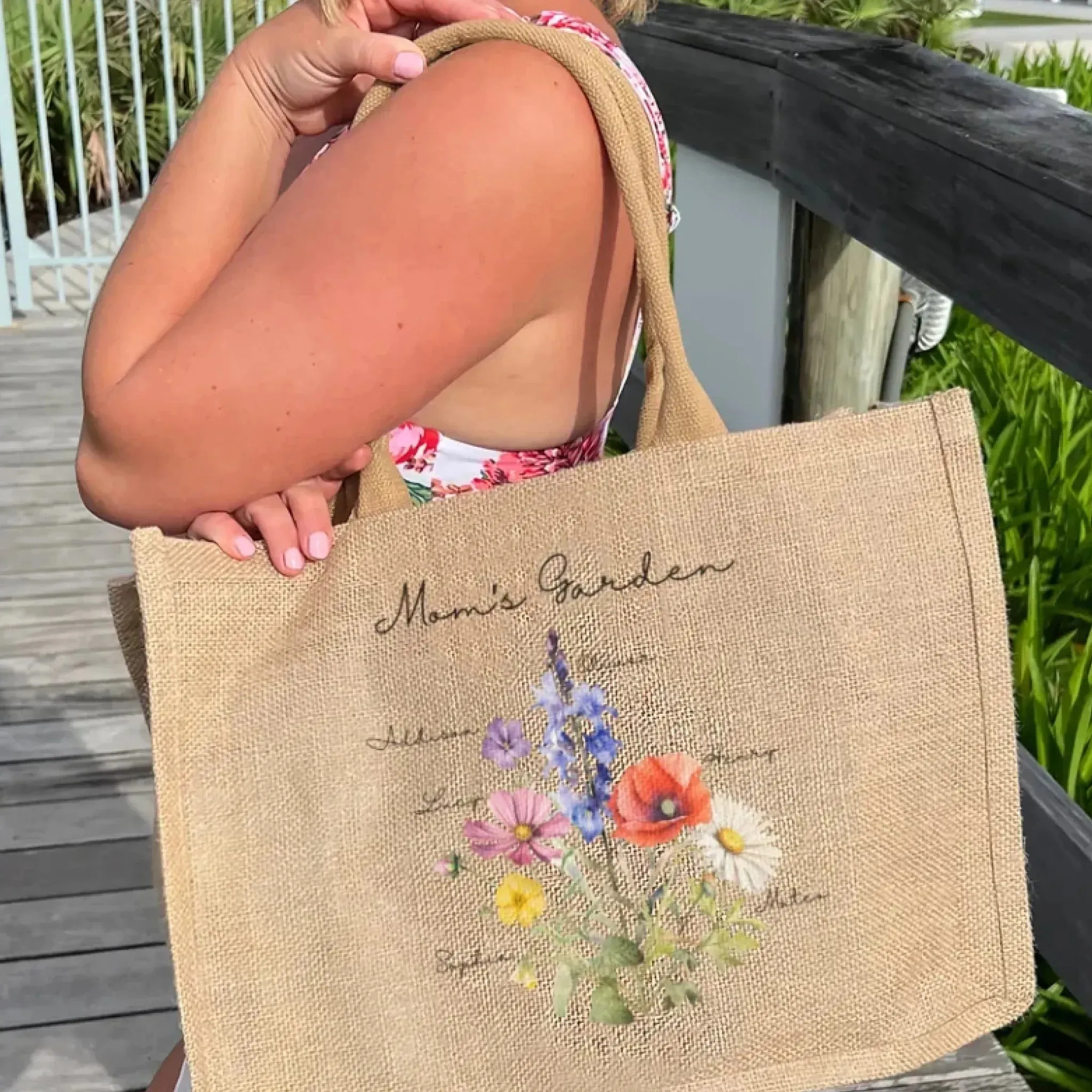 Custom Birth Month Flower Bouquet Jute Tote Bag
