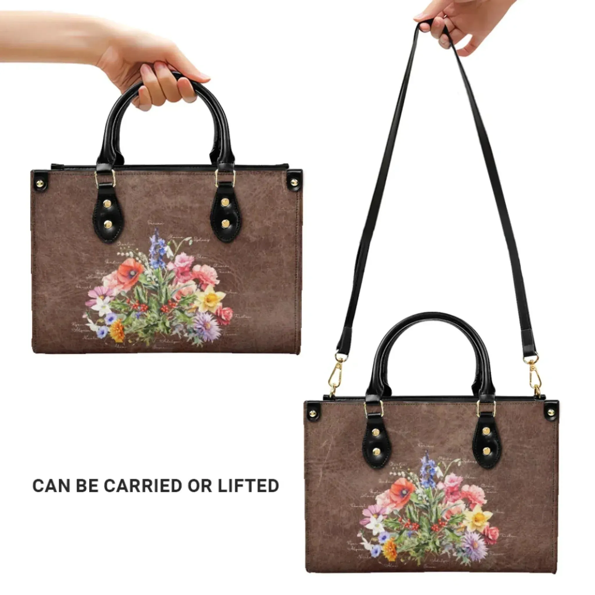 Custom Birth Month Flower Bouquet Twill Faux Leather Handbag