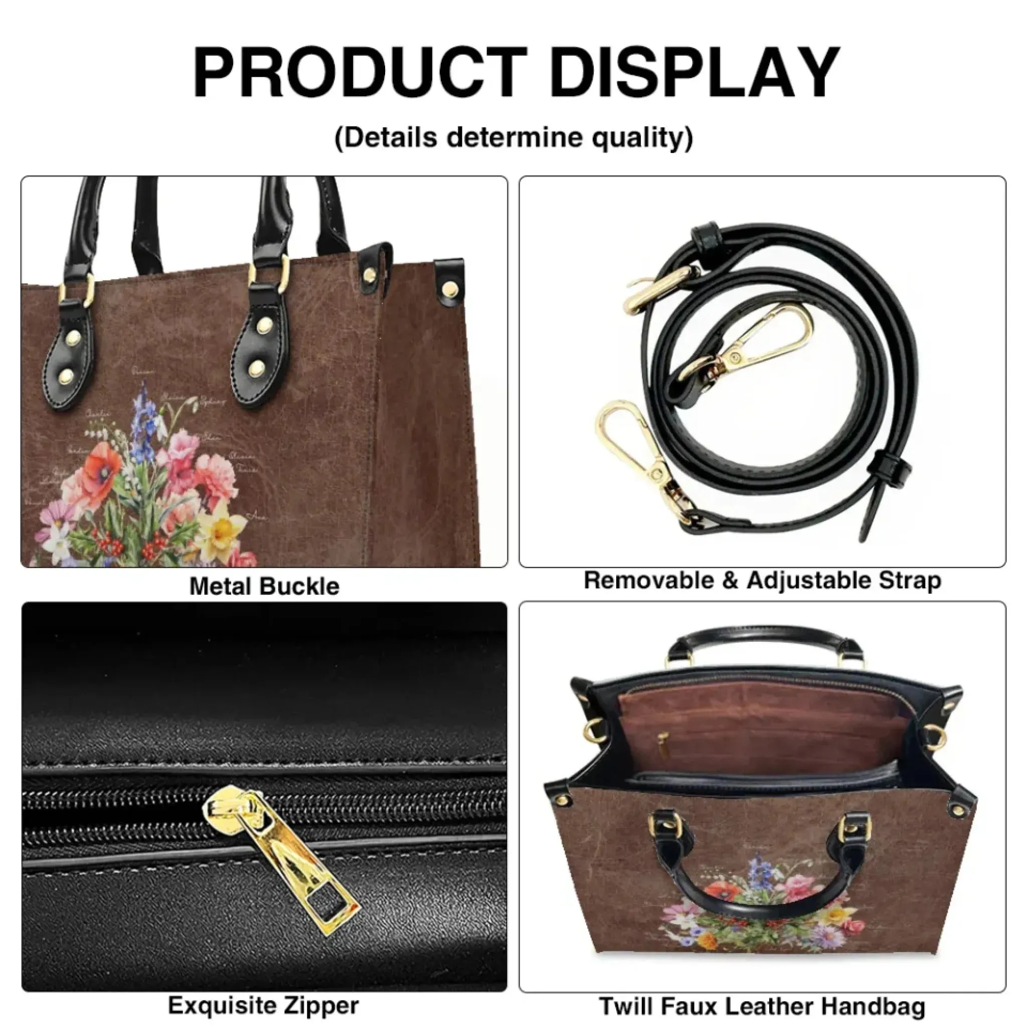 Custom Birth Month Flower Bouquet Twill Faux Leather Handbag