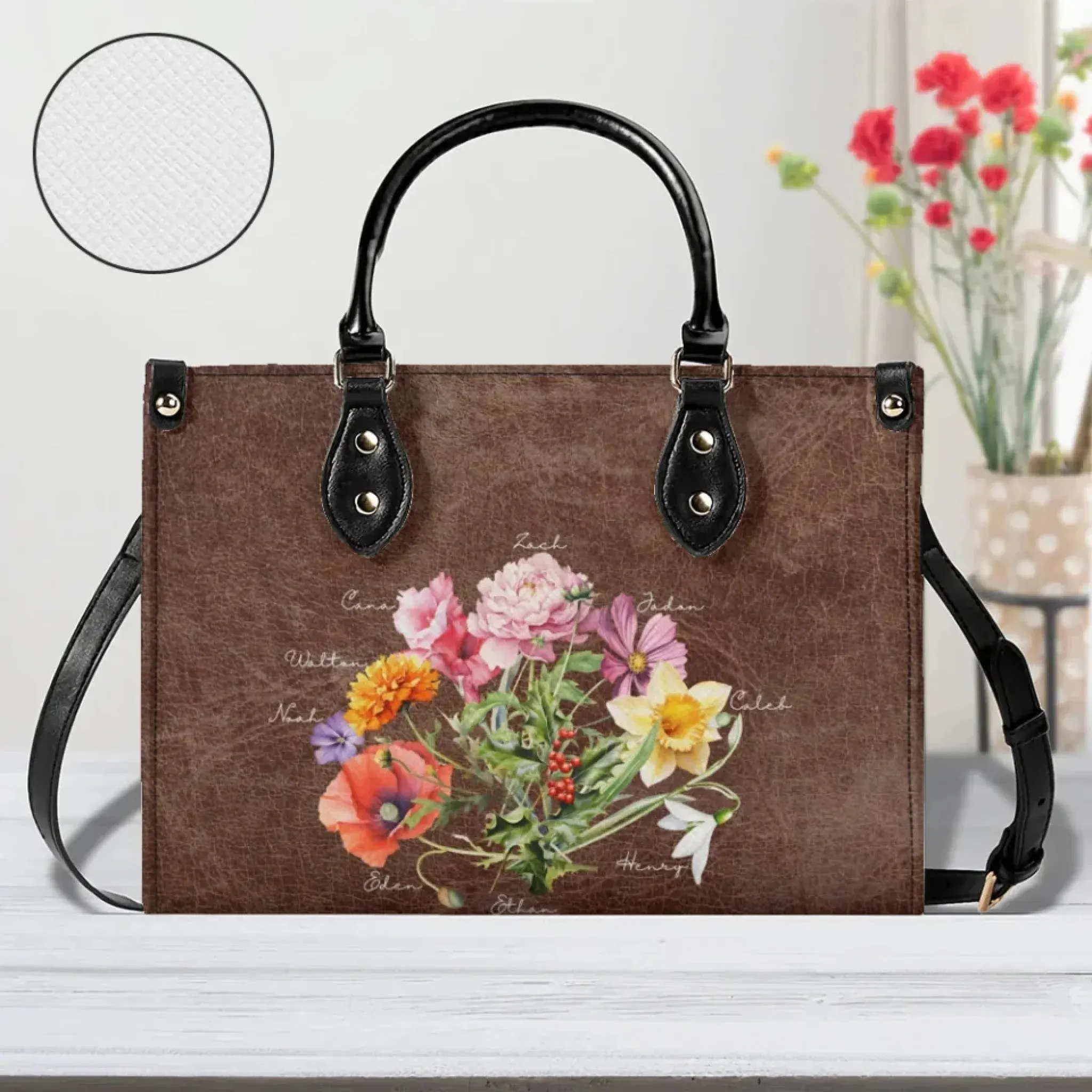 Custom Birth Month Flower Bouquet Twill Faux Leather Handbag