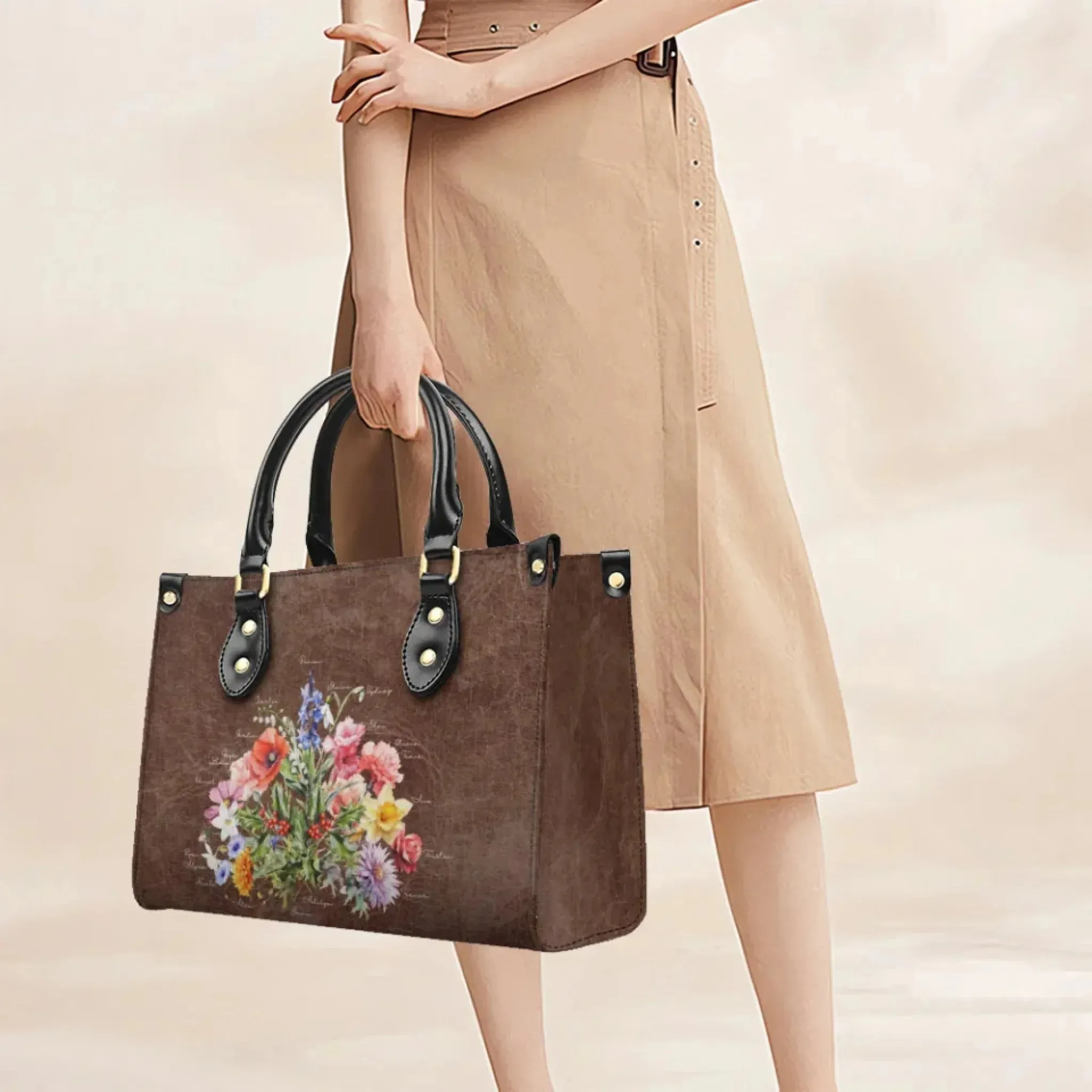 Custom Birth Month Flower Bouquet Twill Faux Leather Handbag