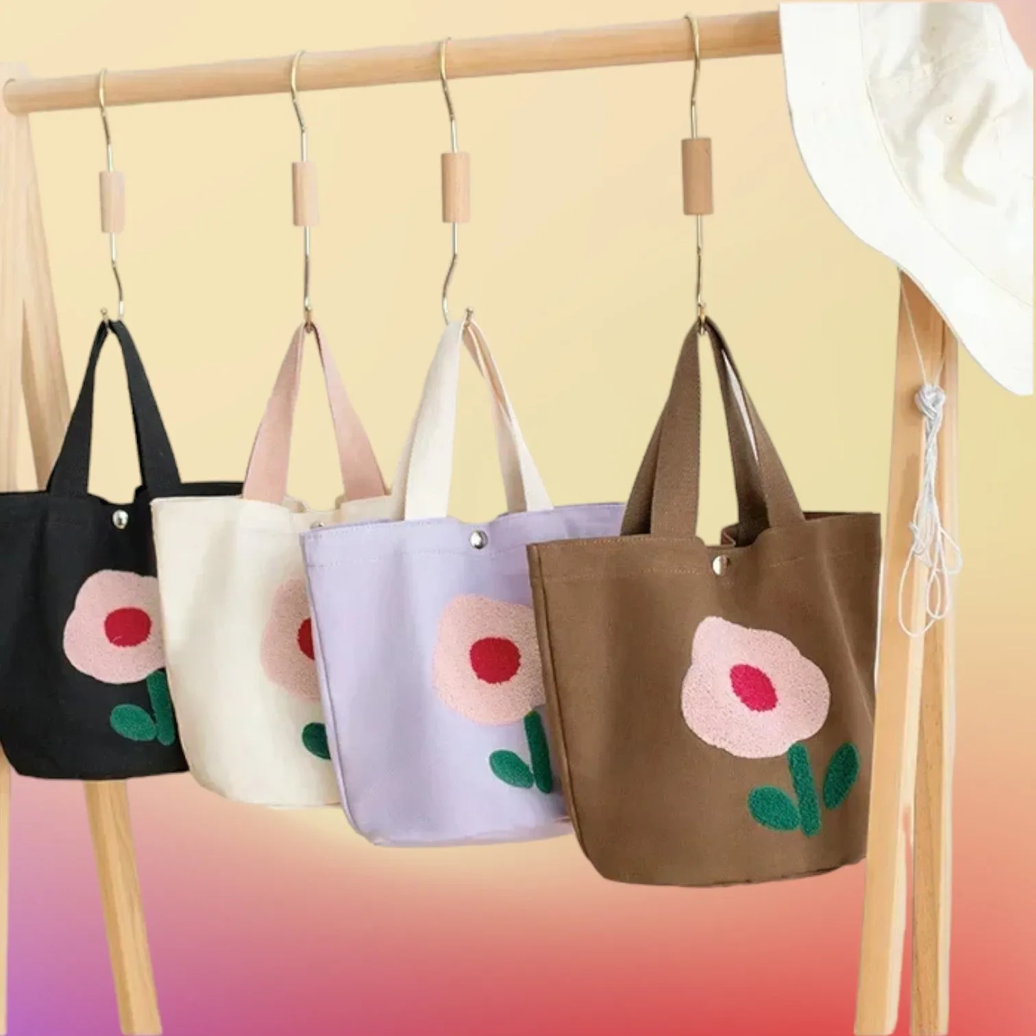 Floral Fancy Embroidered Canvas Bucket Tote - Colorful and Spacious