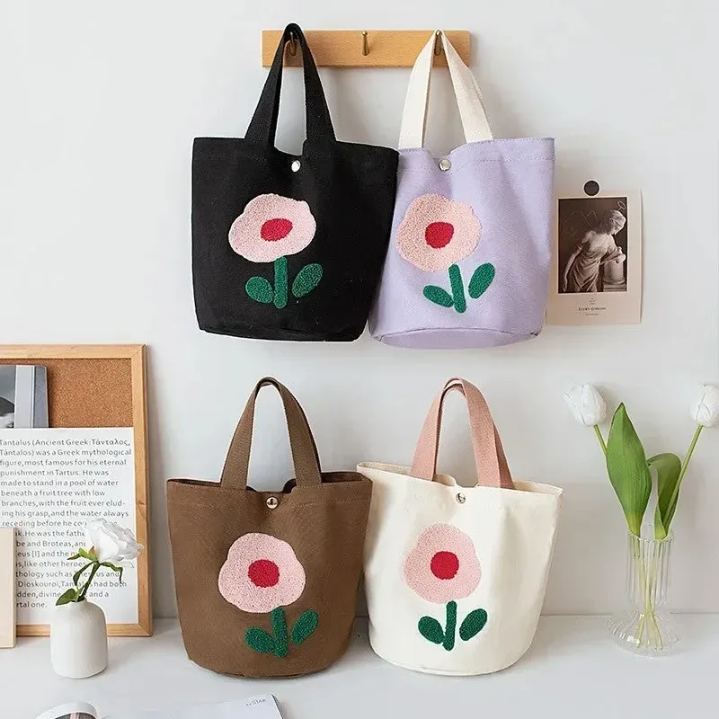 Floral Fancy Embroidered Canvas Bucket Tote - Colorful and Spacious
