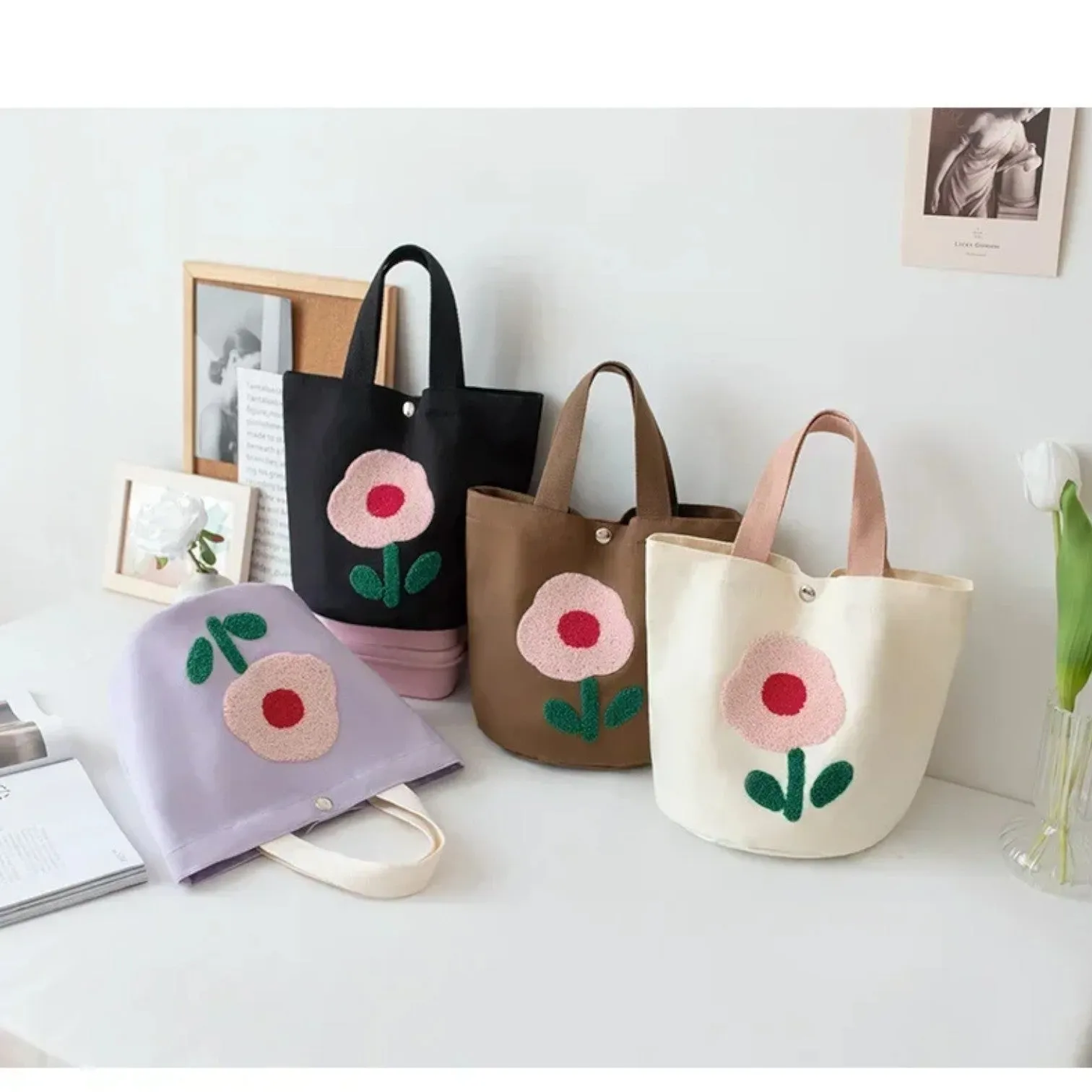 Floral Fancy Embroidered Canvas Bucket Tote - Colorful and Spacious