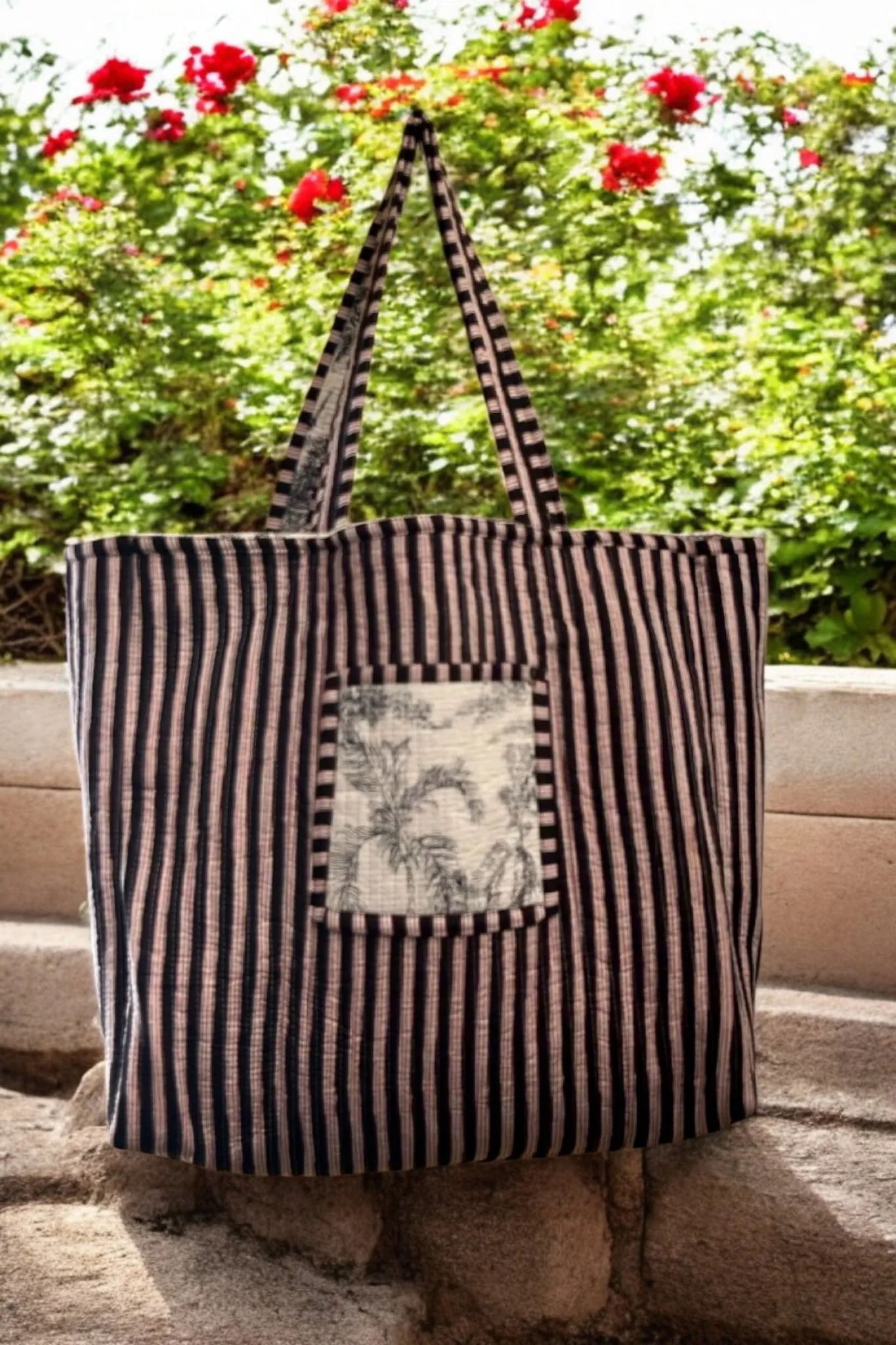Reversible Cotton Quilted Tote - Monochrome Garden